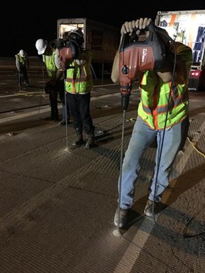 Crews drill holes in the pavement before injecting a foam that hardens as it expands to stabilize the soil and lift the pavement.