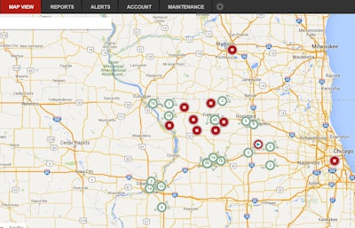 This EAMS overview screen shows individual Helm Group machines on location as red dots. Arrows in the dots show direction of travel, and a square in the dot shows the machine is stopped. Circles with numbers inside represent clusters of assets, with the number representing how many units are on site. As you zoom in the cluster spreads apart to reveal the individual assets.