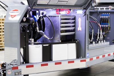 Thunder Creek Equipment’s closed diesel exhaust fluid (DEF) delivery system connects the DEF tank with the bulk DEF container through a closed coupler. On the jobsite, the coupler is replaced with a DEF nozzle for dispensing into the machine, ensuring minimal exposure to outside elements that can throw DEF out of compliance.