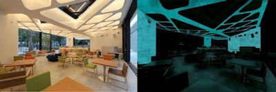 The modified micro-structure of the cement helps it absorb solar energy and return it as light.