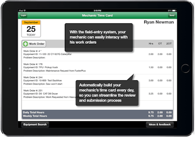 Mechanics and technicians can work offline in remote locations and use tablets to schedule jobs, check equipment status, work orders, inventories, time cards and more.