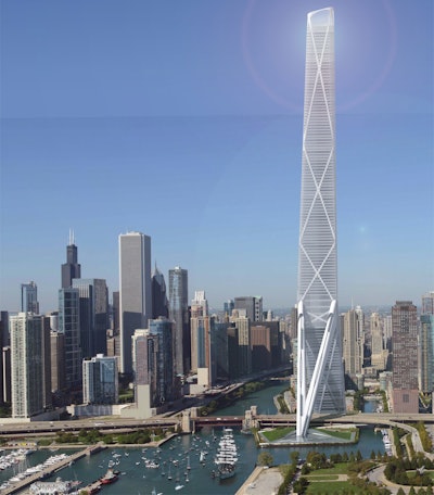 The proposed Gateway Tower would be 2,000 feet tall and feature a supporting brace extending out from the lower portion of the building towards Lake Michigan. The structure will also feature the exterior X-bracing like the John Hancock Center has.