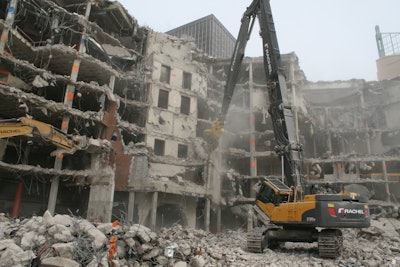 Through a combination of the attachment’s rotation and its design, the GDT Razer is able to easily access every area we need to get at, then crack and drop the concrete material,' says Mark Kraemer, Rachel Contracting’s vice president of field operations.