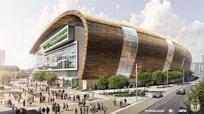 A rendering of the new Milwaukee Bucks basketball arena from March 2016.