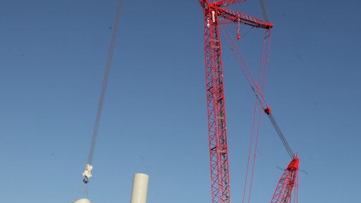 On this project, Mortenson is using a new wind turbine construction method that would not have been possible with previous generations of crawler cranes: It’s building the 194-ton wind turbine assemblies on the ground first, and then lifting the entire unit 300 ft. into the air before attaching it to the top of the tower. This allows assembly of the unit much faster than in the air, reducing the number of picks and the impact of wind on the project.