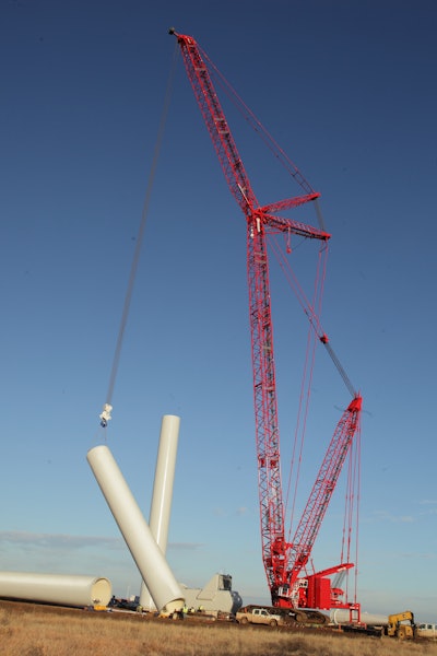 On this project, Mortenson is using a new wind turbine construction method that would not have been possible with previous generations of crawler cranes: It’s building the 194-ton wind turbine assemblies on the ground first, and then lifting the entire unit 300 ft. into the air before attaching it to the top of the tower. This allows assembly of the unit much faster than in the air, reducing the number of picks and the impact of wind on the project.