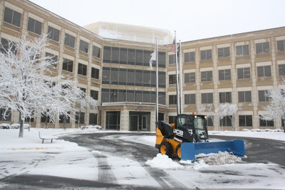 Snowpusher, Inc. outfits its JCB skid steers with plows for snow removal at multi-residential sites like apartment complexes and with pusher blades for large parking lots.
