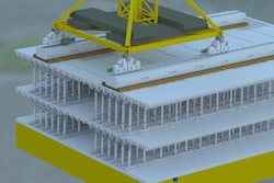 An early rendering shows a cross-section beneath the traveling crane. This is an initial concept and not accurate to final installation but it shows where the load cells were placed at the top of a sampling of posts on each level.