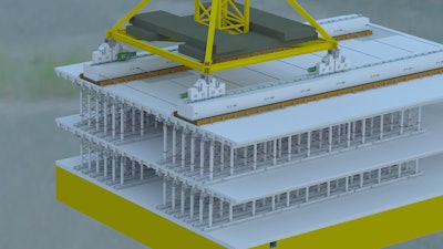 An early rendering shows a cross-section beneath the traveling crane. This is an initial concept and not accurate to final installation but it shows where the load cells were placed at the top of a sampling of posts on each level.