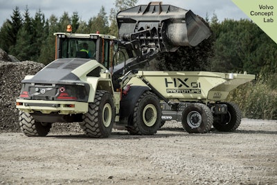 Volvo Construction Equipment's concept HX1 autonomous, battery-electric, load carrier and the LX1 prototype electric hybrid wheel loader.
