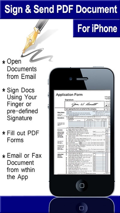 The Document Sign & Send app allows an iPhone or iPad user to open a document from email, sign it using a finger or stylus, and send the signed document back to the sender either through email or fax.