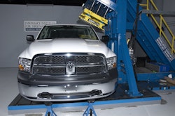 The IIHS measures the exact amount of deflection a roof will absorb with a constant and even amount of force from a flat metal plate applied by this monstrous machine. But they don't test heavy-duty pickup trucks.