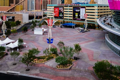 The new 149,472 square foot plaza for the Las Vegas Arena consists of random integral pastel color shapes meant to compliment the desert surrounding area that Las Vegas is built on. There are no right angles in panel shapes so the decorative concrete contractor, T.B. Penick, decided to hire a surveying company to set points for panel corners to facilitate forming operations.