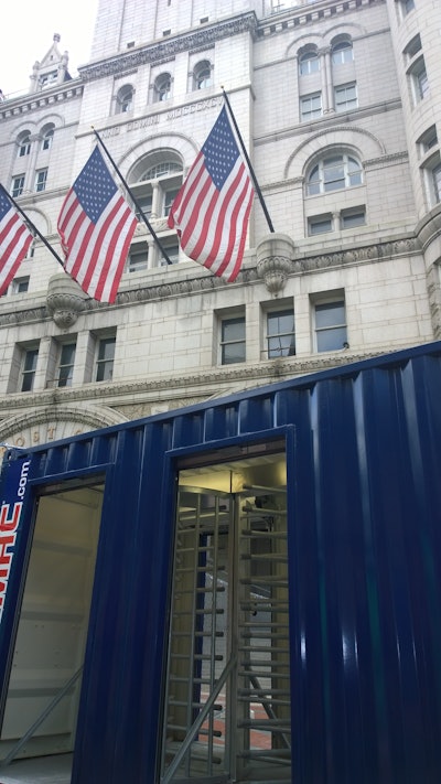 For the Trump International Hotel project, proximity security badges that provided access to construction personnel worked like a hotel key. They are not inserted into a slot, but are read when held in close proximity of the scanner. The turnstile will not open without the scanner approving entry.