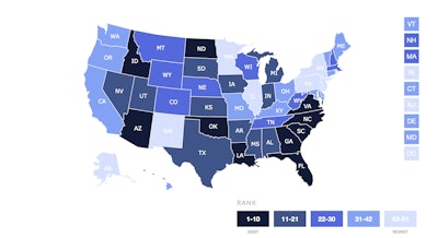 This map shows ABC's overall state rankings for its “Building America: The Merit Shop Scorecard,” which reviews and grades state-specific policies and information significant to the success of the commercial and industrial construction industry. The scorecard highlights states that have created a free enterprise-based environment where merit shop contractors are well positioned to succeed and calls attention to states where strategic improvements need to be made.