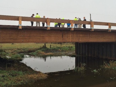 The Catt Bridge spanning a small creek northeast of Independence. County engineers statewide may watch to see how this bridge holds up due to unusual construction techniques and materials.