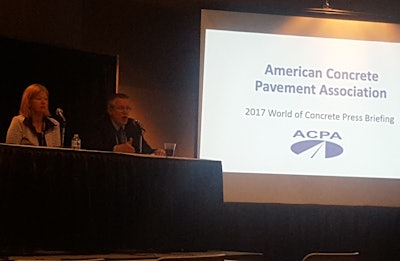 Lori Tiefenthaler, 2017 Chairperson of the ACPA, right, and Gerald F. Voigt, P.E., ACPA President and CEO, left, at the ACPA Press Briefing at WOC 2017