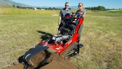Barreto Product Manager Tim Phelps explains the finer points of walk-behind trencher operation to Rental Editor Jenny Lescohier. Simple controls and an integrated stand-on platform improve the user experience for novice operators.