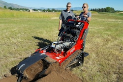 Barreto Product Manager Tim Phelps explains the finer points of walk-behind trencher operation to Rental Editor Jenny Lescohier. Simple controls and an integrated stand-on platform improve the user experience for novice operators.