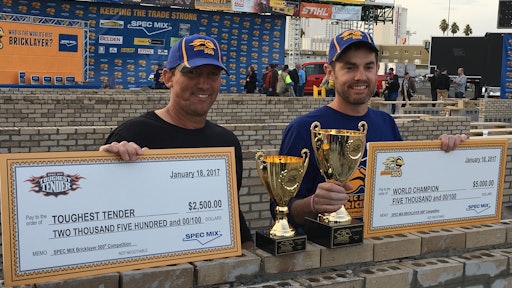 Mason Matt Cash, with Huntley Brothers Co. of Monroe, N.C., (right) won the 2017 Spec Mix Bricklayer 500 at World of Concrete in Las Vegas. His tender, Chet Huntley, took Toughest Tender honors in the companion competition.