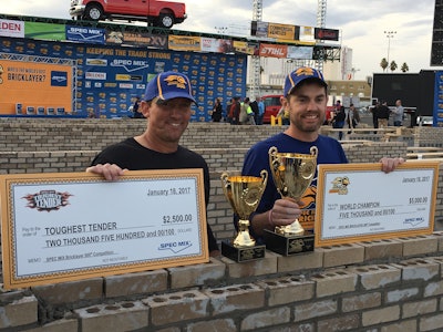 Mason Matt Cash, with Huntley Brothers Co. of Monroe, N.C., (right) won the 2017 Spec Mix Bricklayer 500 at World of Concrete in Las Vegas. His tender, Chet Huntley, took Toughest Tender honors in the companion competition.