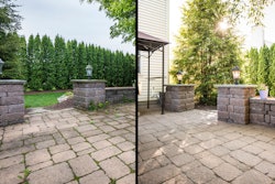 Before and after photo of an outdoor patio sealed with SEK-Surebond sealant.