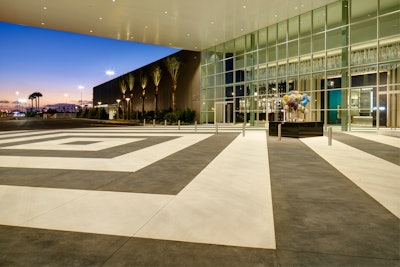 The black and white banded design creates a dramatic grand entrance to the casino.