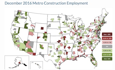 Construction employment declined in 110 out of 358 metro areas between December 2015 and December 2016, was stagnant in another 65 and increased in 183.