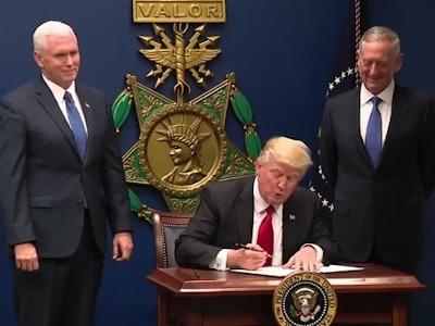 Donald Trump signs his first executive order on immigration at the Pentagon, in front of an image of America’s highest award for valor, the Medal of Honor. Writing a replacement for that court-challenged order have consumed Trump-staff capacity, contributing to the administration signaling delay until 2018 of fleshing out its swiftly shrinking infrastructure promises. The lure of using the spending bill against Congressional Democrats in the mid-term elections is also likely to be playing a role. Construction stocks such as Caterpillar, U.S. Steel and Martin Marietta took a hit on the news.