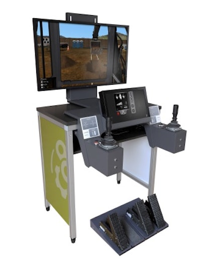 Vortex Advantage simulator runs tower crane, mobile crane, overhead crane, boom truck, wheel loader, backhoe loader, and excavator operator training modules.
