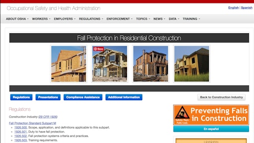 Figure 1: OSHA’s website for Fall Protection in Residential Construction provides the complete set of regulations.