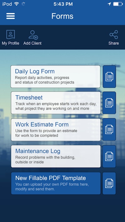 Construction Manager lets users fill out and share forms such as maintenance logs, daily reports, job estimator and weekly timesheets.
