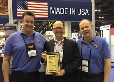 Rick Beal (center) accepts the Bob Gelman Outstanding Rental Representative Award from David Silverman (left), global sales manager and Andy Zelazny (right), national sales manager of General Pipe Cleaners, McKees Rocks, PA.