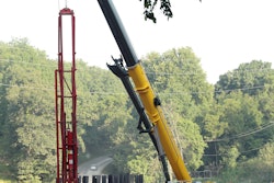 The 75-ton crane drove approximately 40 H-beam piles into the creek bed using an 8.5-ton diesel pile hammer. The height was 93 ft. for each pile.