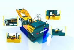 The Hyundai All-Around View Monitoring System (AAVM) is a four-camera system that provides a 360-degree view around the machine.
