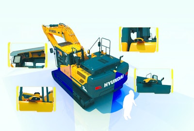 The Hyundai All-Around View Monitoring System (AAVM) is a four-camera system that provides a 360-degree view around the machine.
