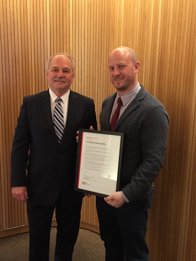In honor of the company's 40th anniversary, the American Institute of Architects New York Chapter presented Malcolm G. McLaren (left), founder, president and CEO of McLaren Engineering Group, with a proclamation recognizing his firm’s accomplishments.