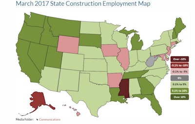 California added the most construction jobs (42,200 jobs, 5.5%) during the past year. Other states adding a high number of new construction jobs for the past 12 months include Florida (36,500 jobs, 7.9%), Texas (18,900 jobs, 2.7%) and Washington (12,200 jobs, 6.7%).