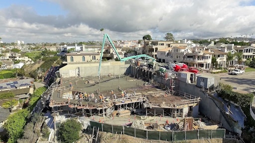 Drone photo of the Aerie elevated deck pour underway in Corona Del Mar.