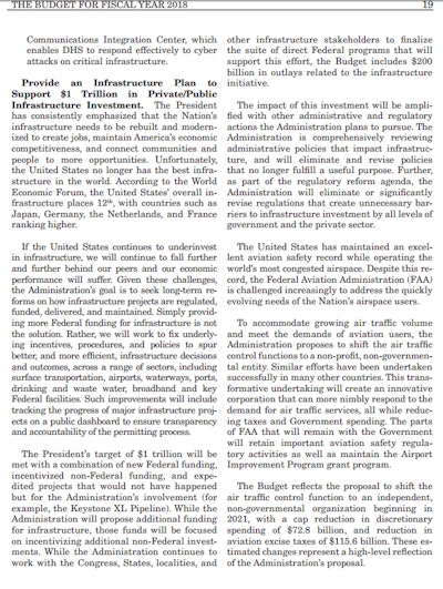 The 2018 budget proposal, titled “A New Foundation for American Greatness” featured one page of detail about the infrastructure plan.