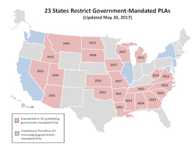 Missouri is one of 23 states that require government neutrality toward PLAs on taxpayer-funded construction projects, including Wisconsin and Iowa, which enacted similar laws this year.