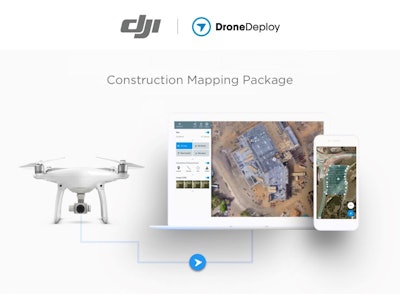 The DroneDeploy & DJI Construction Mapping Package includes a one-year Pro or Business software subscription to the DroneDeploy platform, the DJI Phantom 4 Pro drone and other drone accessories.