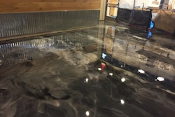 The Zombie Dogs restaurant project consists of hand-troweled Epoxy 400 -- 50% mercury, 25% gunmetal, 25% pearl, with a clear Poly 325 topcoat.