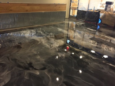 The Zombie Dogs restaurant project consists of hand-troweled Epoxy 400 -- 50% mercury, 25% gunmetal, 25% pearl, with a clear Poly 325 topcoat.