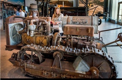 On display is a 1919 Best 25 Tracklayer on display at the Caterpillar Visitors Center. It was originally marketed to do the work of 12 horses. This machine was found in 2014 by a hiker in an abandoned California mine. The unit had to be airlifted out, piece by piece, with a helicopter.