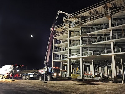 Boom pump sizes from 36 to 61 meters were dispatched to place concrete depending on what level was under construction for the six-story hotel that was adjacent to the mall.