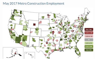 Riverside-San Bernardino-Ontario, CA, added the most construction jobs during the past year while the largest job losses were in Houston-The Woodlands-Sugar Land, TX.