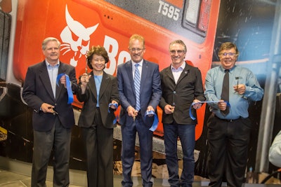 Several dignitaries and special guests delivered remarks during the grand opening ceremony. From left: U.S. Senator John Hoeven; Elaine L. Chao, U.S. Secretary of Transportation; Rich Goldsbury, president of Doosan Bobcat North America; North Dakota Governor Doug Burgum; and West Fargo Mayor Rich Mattern.
