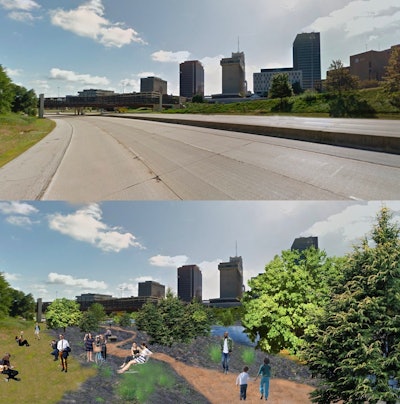 Before and after: A rendering of a pop-up 'forest' on a stretch of Akron’s decommissioned Innerbelt highway offers a sense of renewed possibility.