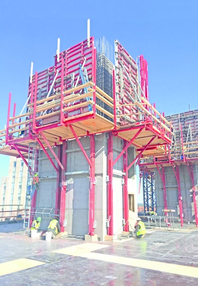 Each MGC unit remains attached to the structure even during lifting thanks to its two guiding profiles. The wall formwork is placed on and attached to the platform. It can be retracted for rebar work and for the climbing process. The MGC unit and the wall formwork are lifted as one single unit. The platforms can be equipped with standard frailings and also with a mesh. Ladders and safety cages ensure safe access to the platforms.